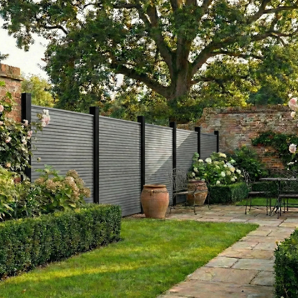 Premium Slatted Composite Fencing in Light Grey