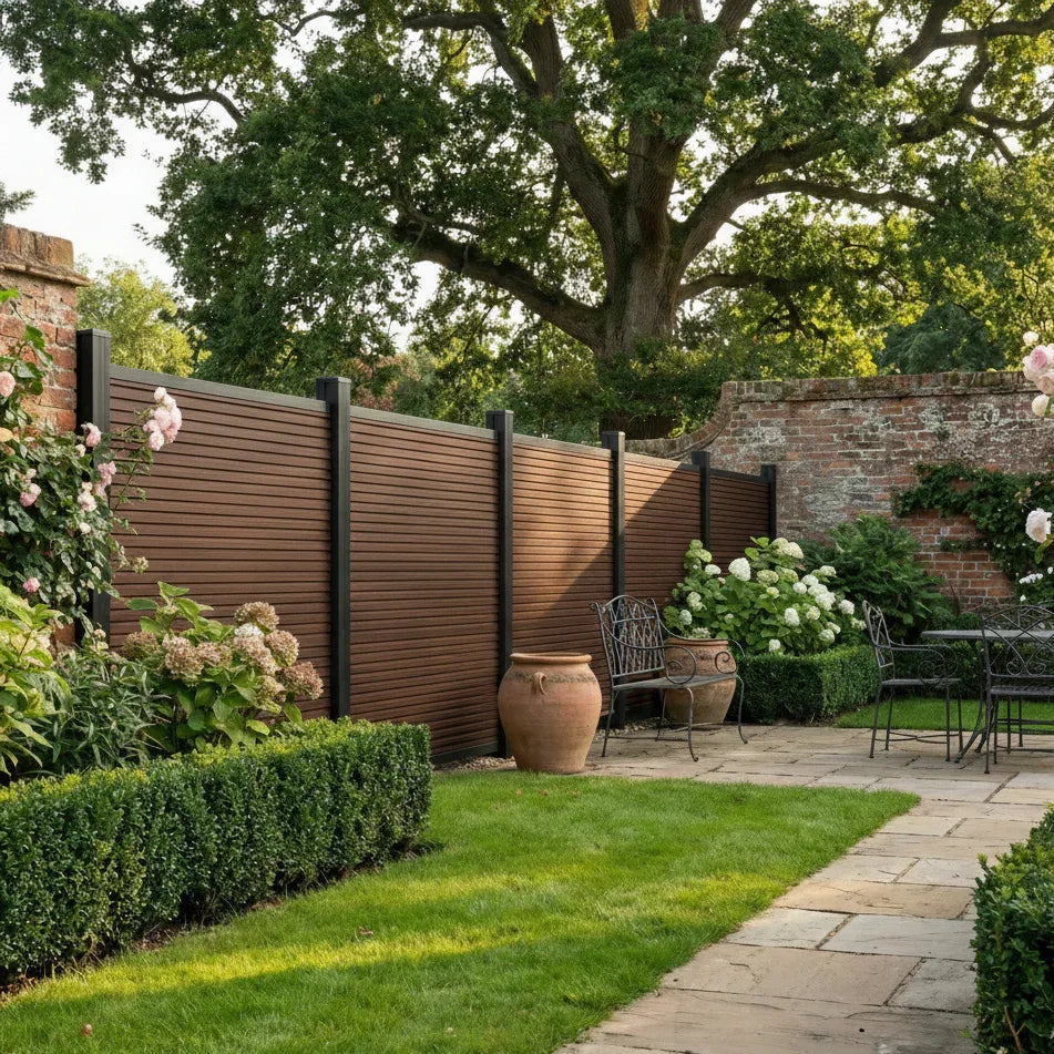 Premium Slatted Composite Fencing in Teak
