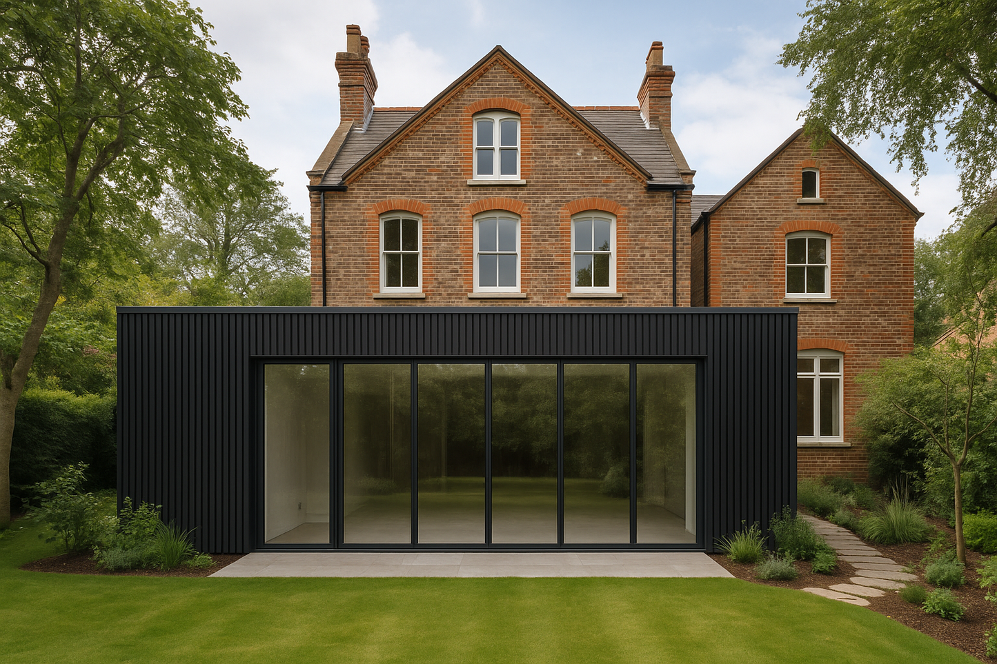 Rear view of Victorian home with single-story extension featuring large bifold doors
