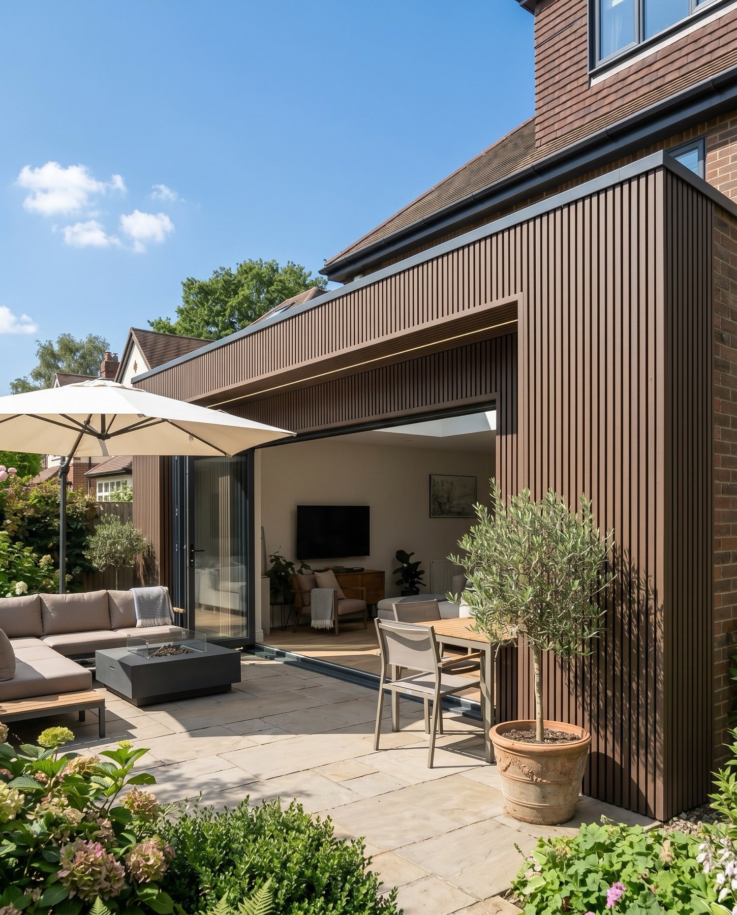 A rear house extension clad in brown vertical slats, framing wide glass doors that open onto a patio