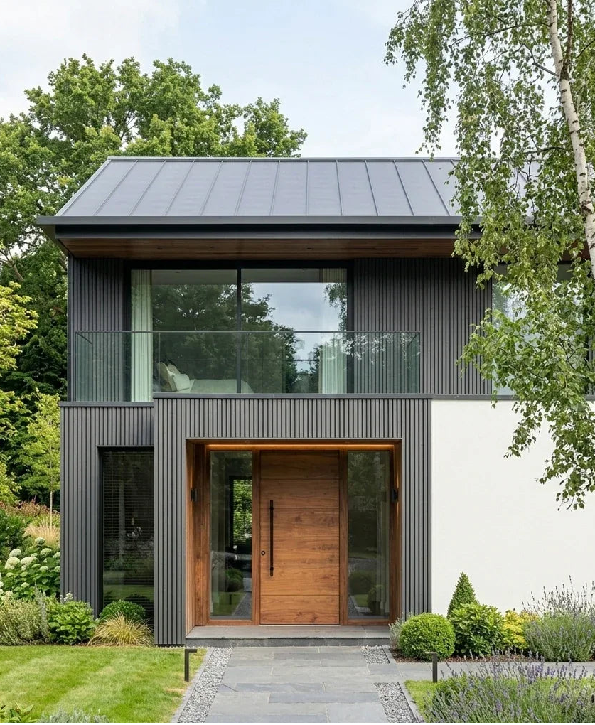 Modern house with a combination of dark and light wood finishes, surrounded by greenery.